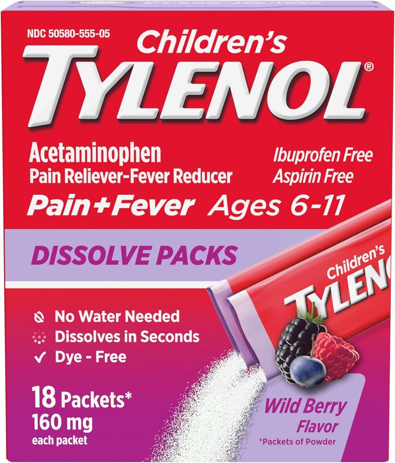 Tylenol Childrens Tylenol Dissolve Packs with 160 mg Acetaminophen Pain Reliever  Fever Reducer Kids Powder Packets for Cold  Flu Symptom Relief Ibuprofen  DyeFree Wild Berry 18 ct - Image 1
