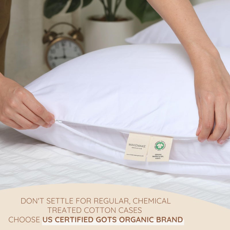 Makemake Organics Organic Pillow Protector (Set of 2) GOTS Certified Organic Cotton Pillow Cases Zippered Natural Breathable Safer Barrier Fits Queen Pillow (20x30  Bright White) - Image 5