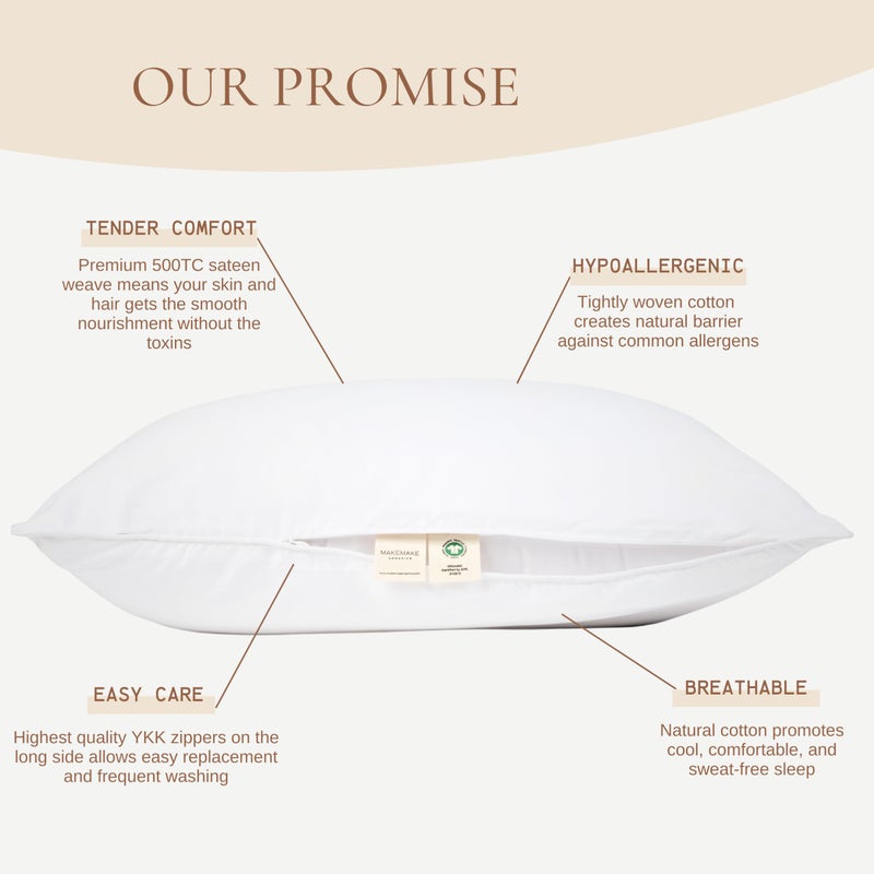 Makemake Organics Organic Pillow Protector (Set of 2) GOTS Certified Organic Cotton Pillow Cases Zippered Natural Breathable Safer Barrier Fits Queen Pillow (20x30  Bright White) - Image 2