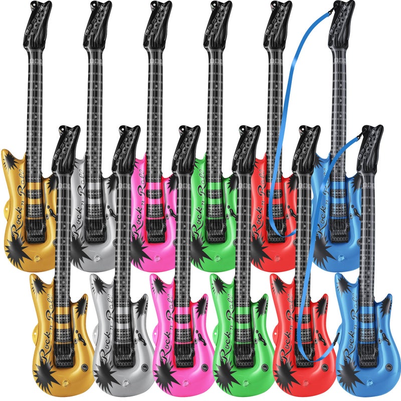 Bedwina Inflatable Guitars For Kids - (Pack Of 12) 36-Inch Neon Blow Up Guitar Instruments  Party Favors  Giveaways  Dj-Props  Photo-Booth  Birthdays  Rock Star  Rock And Roll Party Decorations - Image 1