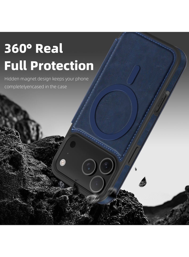 ICARLUS For iPhone 17 Pro Max Case Compatible with MagSafe RFID Blocking Card Holder Leather Phone Cover - Blue - Image 2