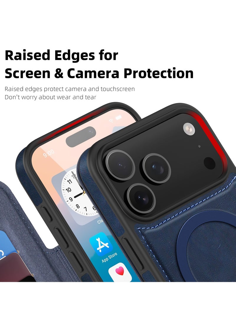 ICARLUS For iPhone 17 Pro Max Case Compatible with MagSafe RFID Blocking Card Holder Leather Phone Cover - Blue - Image 3