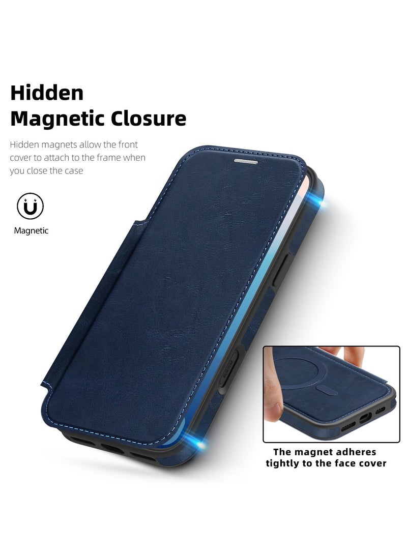 ICARLUS For iPhone 17 Pro Max Case Compatible with MagSafe RFID Blocking Card Holder Leather Phone Cover - Blue - Image 5