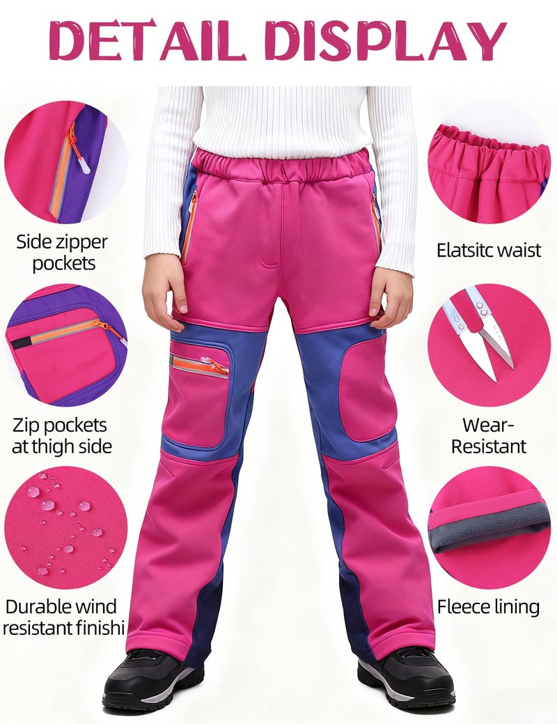 Arssm Kids Boy's Snow Pants Youth Fleece Lind Hiking Pants Softshell Winter Warm Insulated Trousers(Pink-9-10Y) - Image 4
