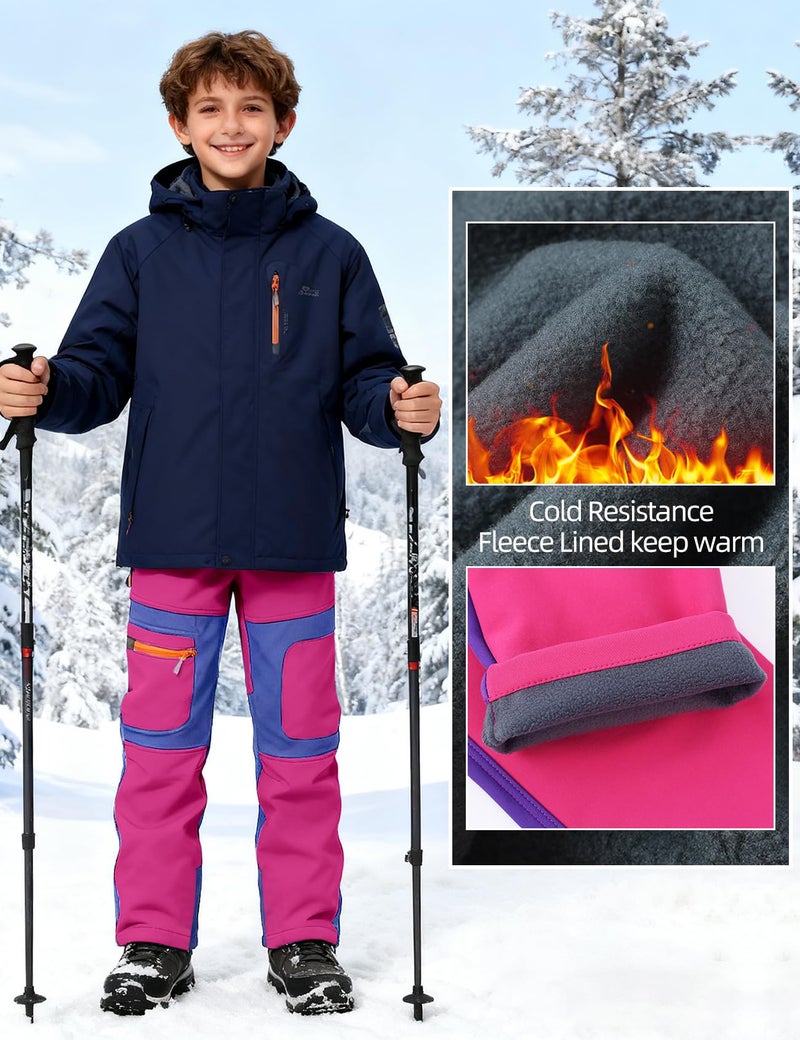 Arssm Kids Boy's Snow Pants Youth Fleece Lind Hiking Pants Softshell Winter Warm Insulated Trousers(Pink-9-10Y) - Image 2