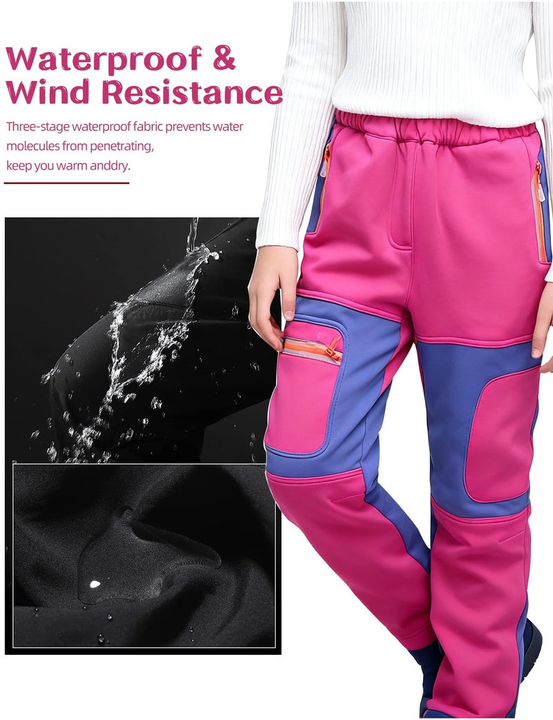 Arssm Kids Boy's Snow Pants Youth Fleece Lind Hiking Pants Softshell Winter Warm Insulated Trousers(Pink-9-10Y) - Image 5