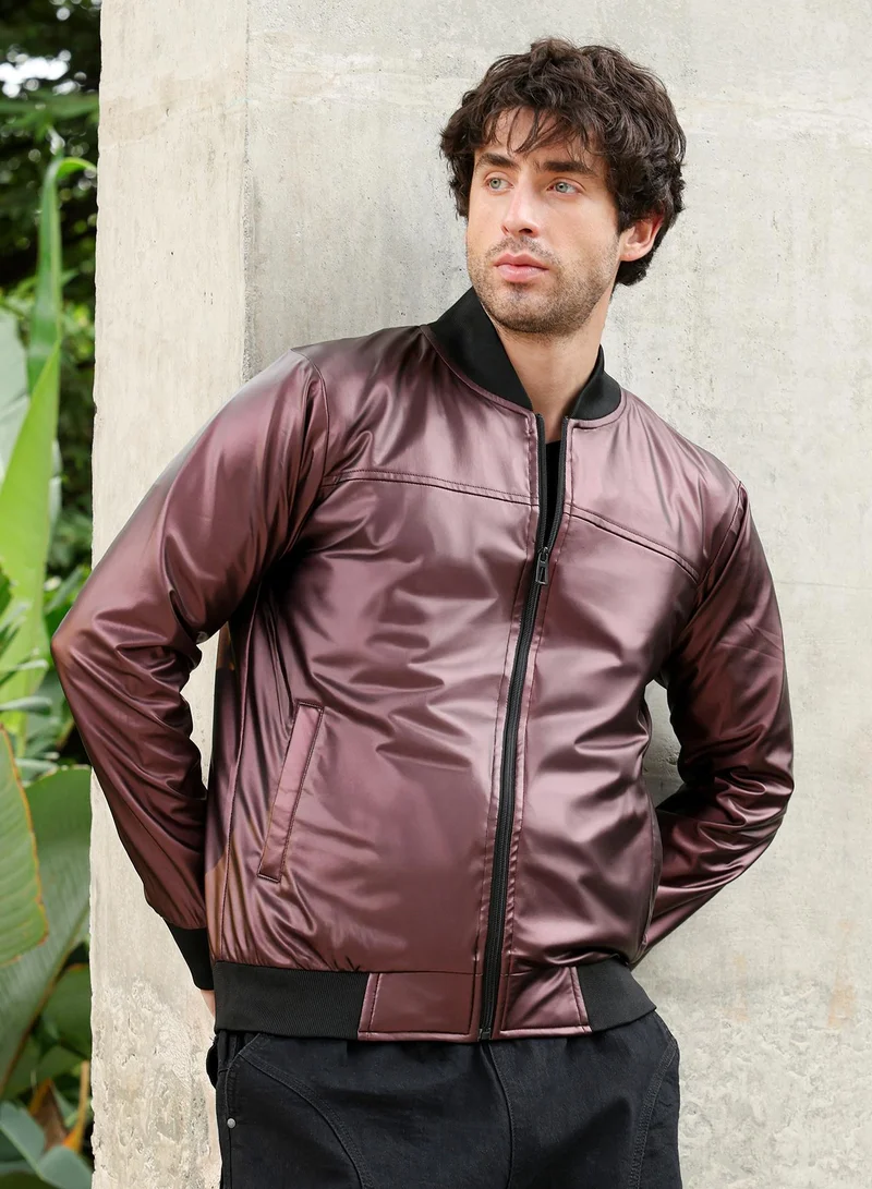 Campus Sutra Men Patent-Panel Bomber Jacket | ,   |  ,  Hem |  Coated | Woven Fabric For  Wear | Chocolate Brown