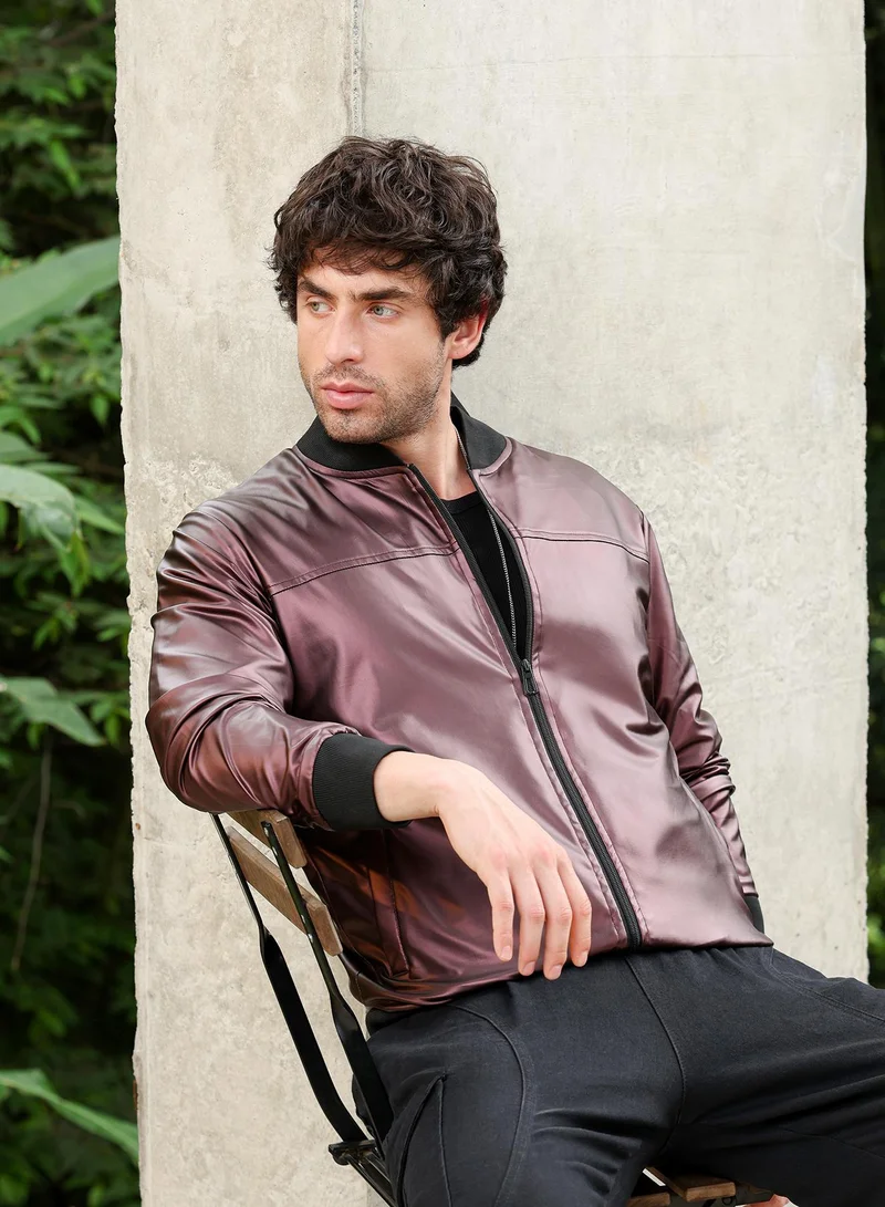 Campus Sutra Men Patent-Panel Bomber Jacket | ,   |  ,  Hem |  Coated | Woven Fabric For  Wear | Chocolate Brown