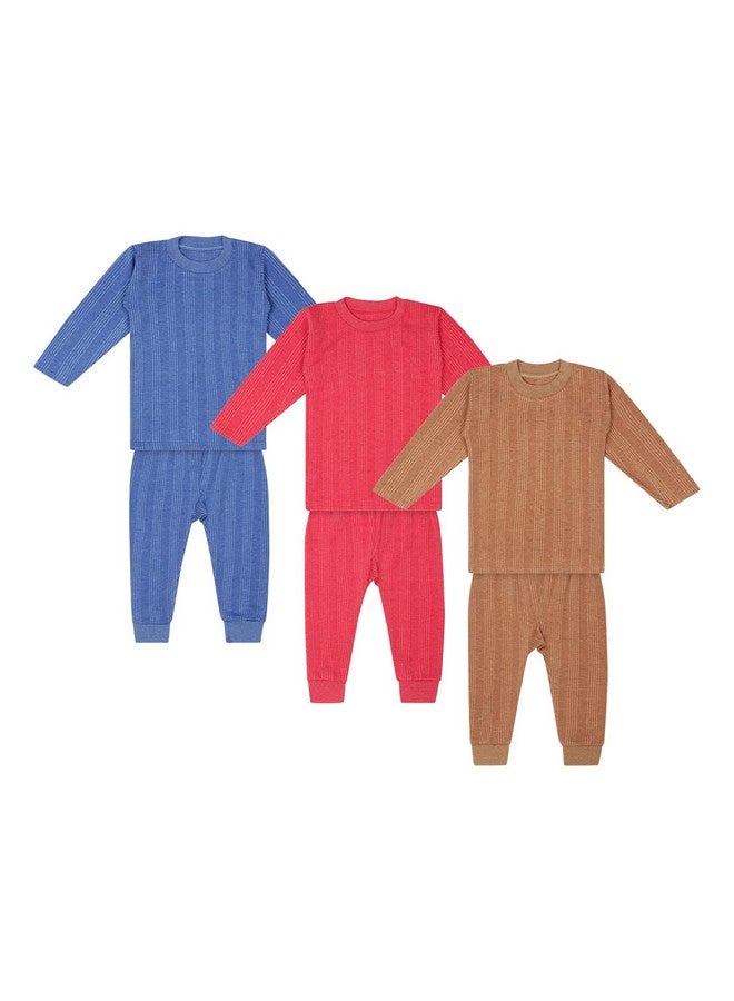 Superminis Superminis Newborn Boys/Girls Bright Color Round Neck T Shirt Style Thermal Top and Pyjama Set for Winter (12-18 Months, Pack of 3)