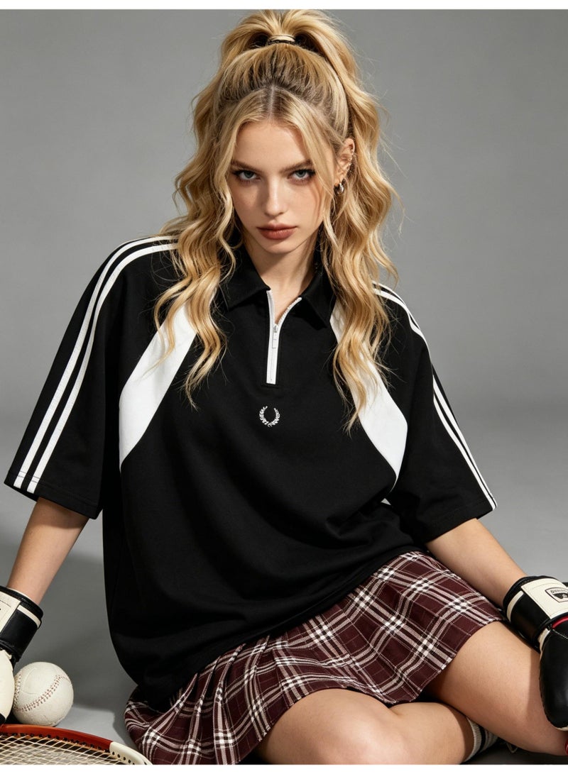 فريد بيري Fred Perry wheat ear standard couple Polo shirt American retro stitching half zipper short sleeve T-shirt loose casual sports shirt - Image 4