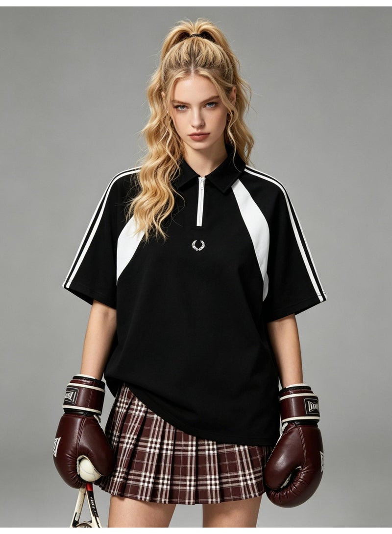 فريد بيري Fred Perry wheat ear standard couple Polo shirt American retro stitching half zipper short sleeve T-shirt loose casual sports shirt - Image 5