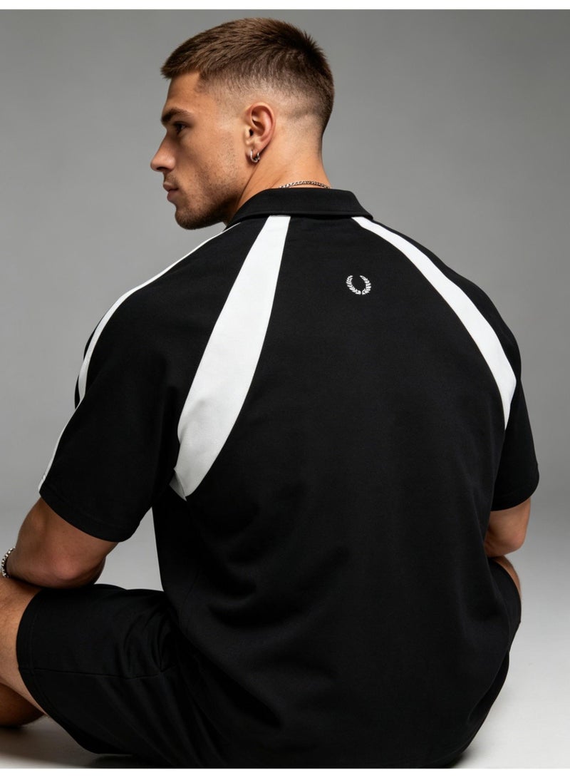 فريد بيري Fred Perry wheat ear standard couple Polo shirt American retro stitching half zipper short sleeve T-shirt loose casual sports shirt - Image 3