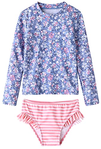 UMELOK Girls Rashguard Swimsuit Long Sleeve Bathing Suit Light PurplePink FloralStripe 10 - Image 1