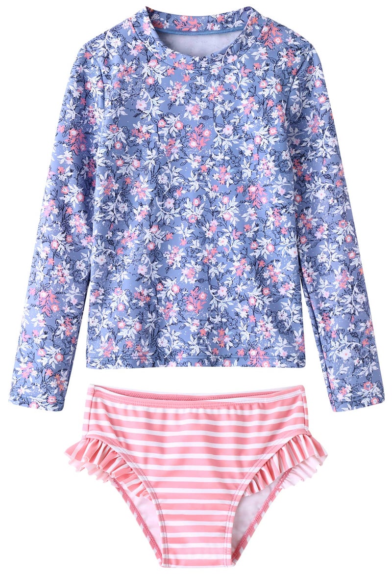 UMELOK Girls Rashguard Swimsuit Long Sleeve Bathing Suit Light PurplePink FloralStripe 10 - Image 2