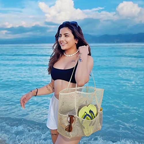 Tainehs Beach Bag Mesh Tote Bag for Women Waterproof Pool Bag for Travel Family Pool Beach Vacation Cruise Essentials Beige - Image 3
