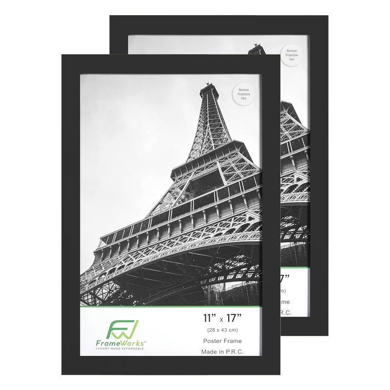 FrameWorks 11x17 Wooden Poster Frame Classic Black Matte Edged Frames wShatterproof Acrylic Glass Photos Posters Prints Wall Decor Home Office Gallery Display Black 2 Pack