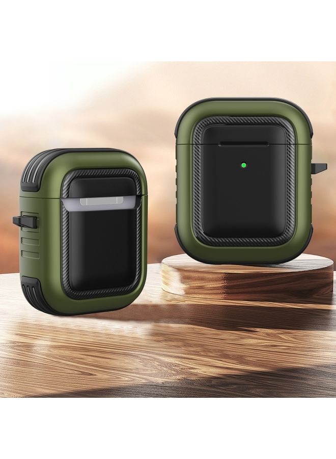 Raxoom Case Cover Wireless Earphones Shockproof TPU + PC Protective Case with Carabiner For AirPods 1 / 2 Black+Army Green