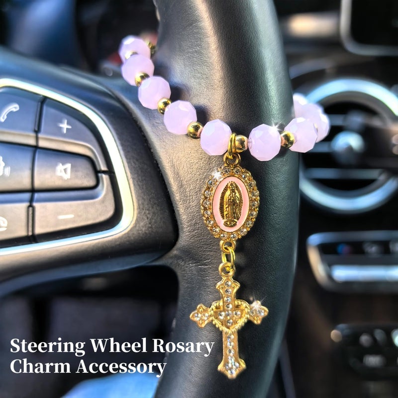Dvehdbay Steering Wheel Rosary Charm Accessory - Virgin Mary Steering Wheel Charm, Pink Rosary for Cars, Religious Virgen De Guadalupe Rear View Mirror Accessories, Virgin Mary Catholic Gifts for Women - Image 2