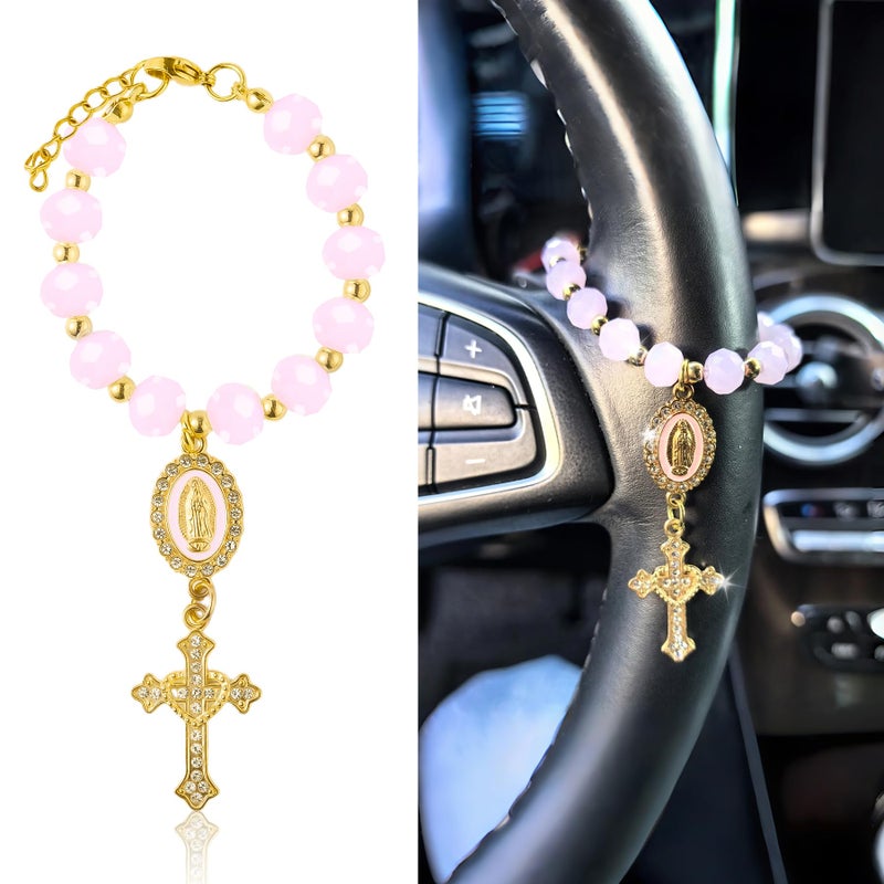 Dvehdbay Steering Wheel Rosary Charm Accessory - Virgin Mary Steering Wheel Charm, Pink Rosary for Cars, Religious Virgen De Guadalupe Rear View Mirror Accessories, Virgin Mary Catholic Gifts for Women - Image 1