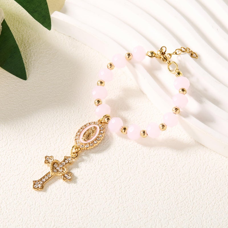 Dvehdbay Steering Wheel Rosary Charm Accessory - Virgin Mary Steering Wheel Charm, Pink Rosary for Cars, Religious Virgen De Guadalupe Rear View Mirror Accessories, Virgin Mary Catholic Gifts for Women - Image 3
