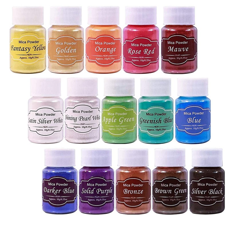 مجموعة مسحوق الميكا 15 لون مسحوق لؤلؤي صبغة طبيعية من الدرجة التجميلية لصنع الراتنج الصابوني وملمع الشفاه وقنابل الاستحمام والحرف اليدوية 10 جرام 0.35 أونصة لكل منها