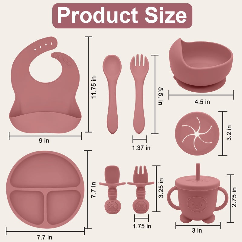 Munlinder Silicone Baby Feeding Set | Baby Led Weaning Supplies Includes Suction Bowls and Divided Plates, Adjustable Bib, Baby Utensils Spoons and Forks,Cup | Baby Feeding Essentials (Red) - Image 2