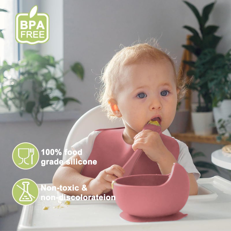 Munlinder Silicone Baby Feeding Set | Baby Led Weaning Supplies Includes Suction Bowls and Divided Plates, Adjustable Bib, Baby Utensils Spoons and Forks,Cup | Baby Feeding Essentials (Red) - Image 3