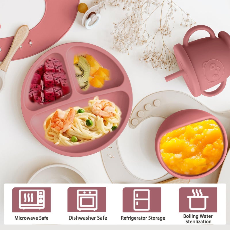 Munlinder Silicone Baby Feeding Set | Baby Led Weaning Supplies Includes Suction Bowls and Divided Plates, Adjustable Bib, Baby Utensils Spoons and Forks,Cup | Baby Feeding Essentials (Red) - Image 4