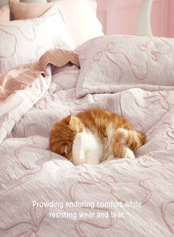 بيد شور طقم غطاء لحاف Bedsure وردي اللون، مقاس كينج، بتصميم جاكار مزين بفيونكة، طقم مفروشات بوهيمي ناعم وأنيق، مصنوع بحرفية فاخرة لغرفة نوم أنيقة، يتضمن غطاء لحاف واحد بمقاس 104 بوصة × 90 بوصة و2 غطاء وسادة. - Image 4