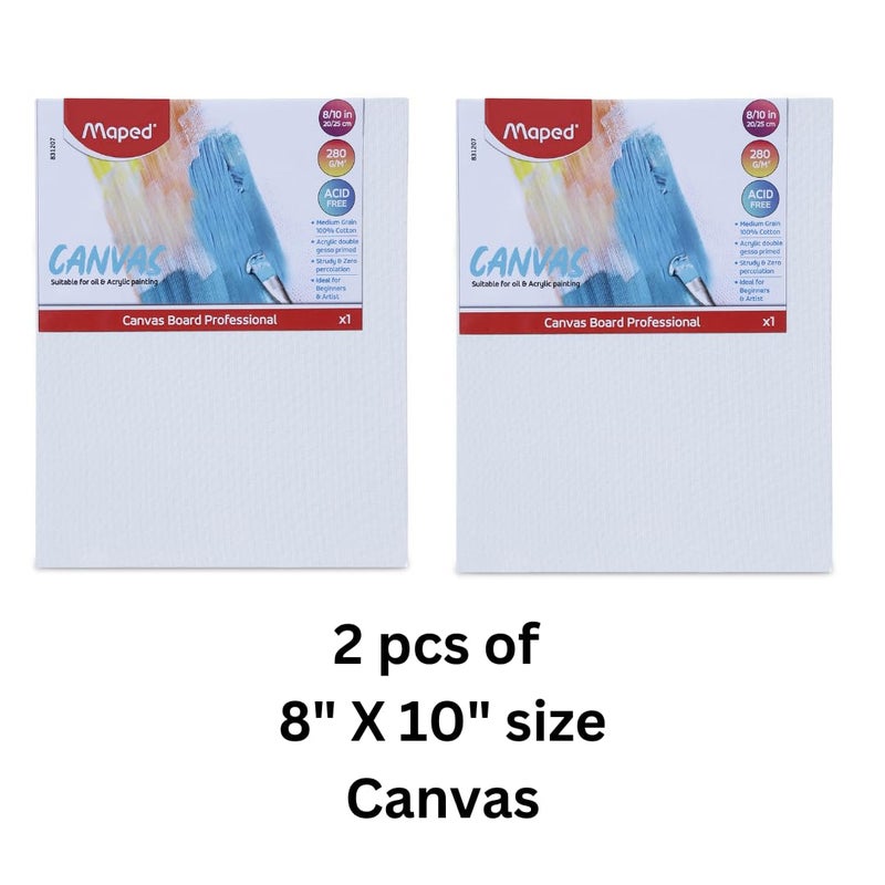 Maped 6pcs Painting Kit - 2 x 8" x 10" Acrylic Canvas Panels & 4 Mix Synthetic Plastic Handle Brushes (Round & Flat) for Kids & Adults - Image 2