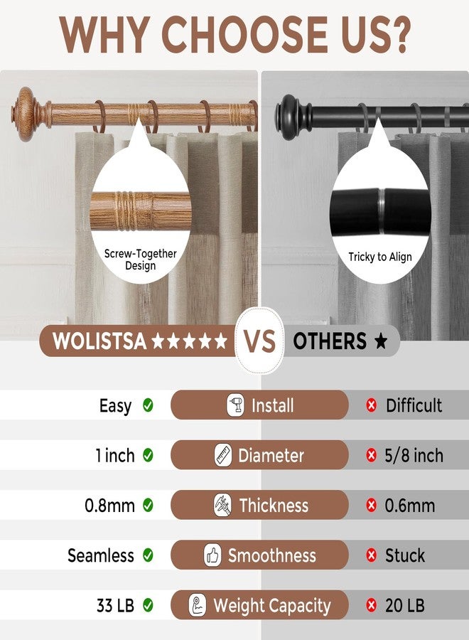 Wolistsa 2 Pack Wood Curtain Rods for Windows 48 to 84 Inch, Boho Vintage Decorative 1 Inch Diameter Wooden Curtain Rod, Adjustable Heavy Duty Rustic Farmhouse Drapery Pole with Wood Grain Finials - Image 4