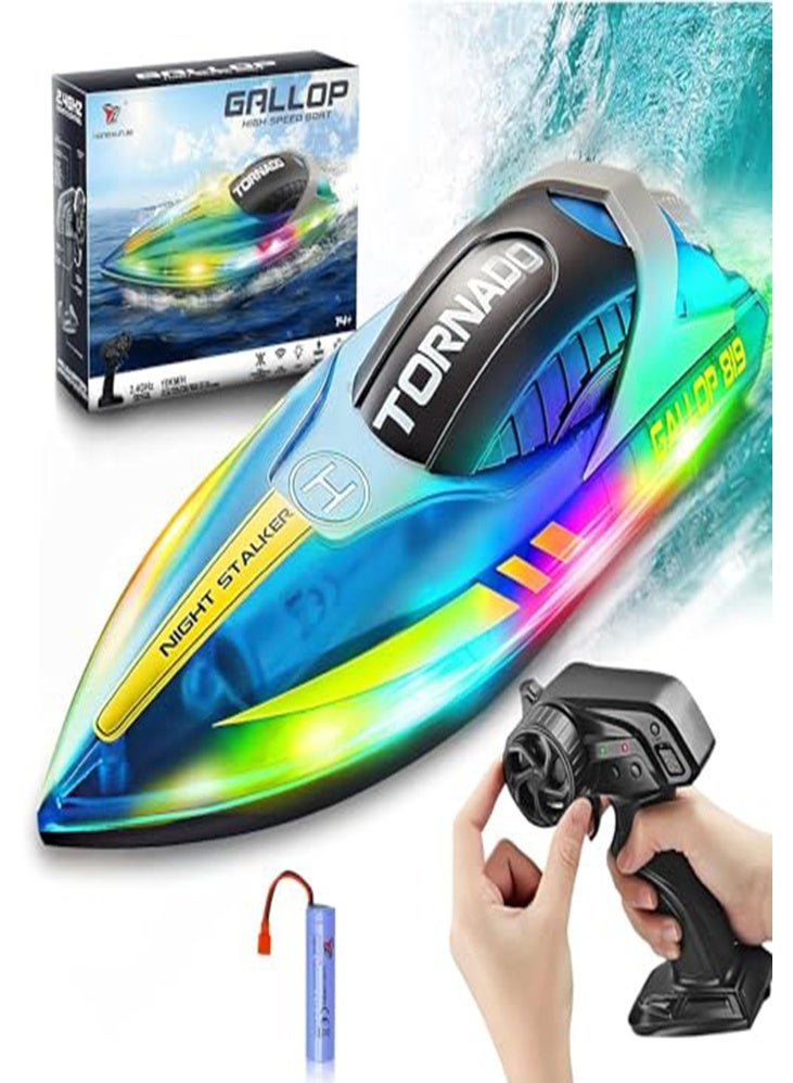 RC Boat for Kids 8-12, Remote Control Boat15+ MPH Fast Remote Control Boat with LED Lights, 2.4G RC Electric Boats Pool and Lakes Toys for Adults