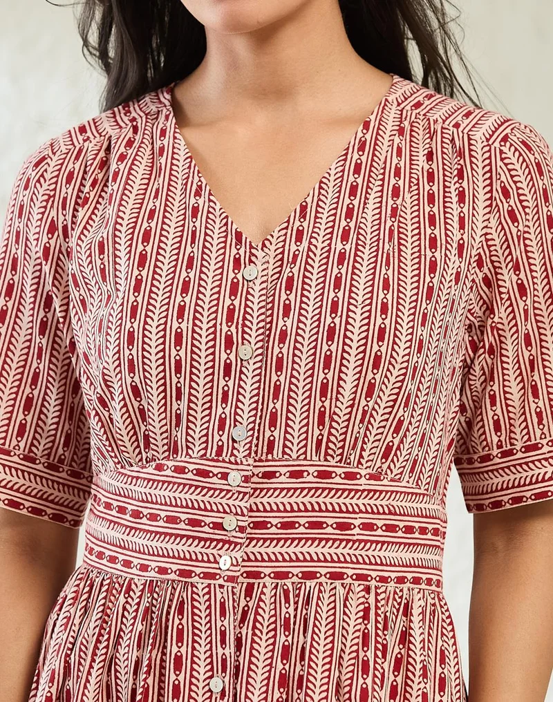 Fabindia  Red Cotton Bagh Printed Midi Dress for Women | Best Price UAE