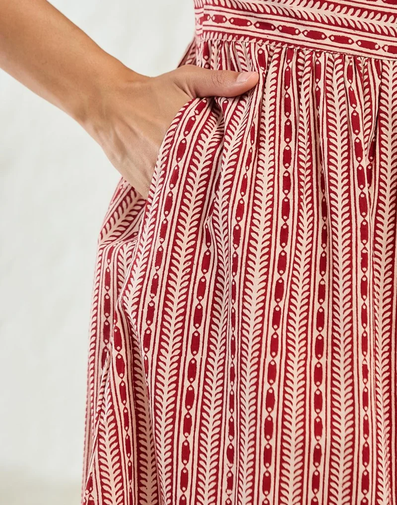Fabindia  Red Cotton Bagh Printed Midi Dress for Women | Best Price UAE