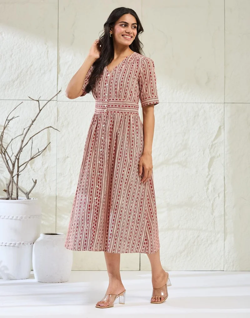 Fabindia  Red Cotton Bagh Printed Midi Dress for Women | Best Price UAE