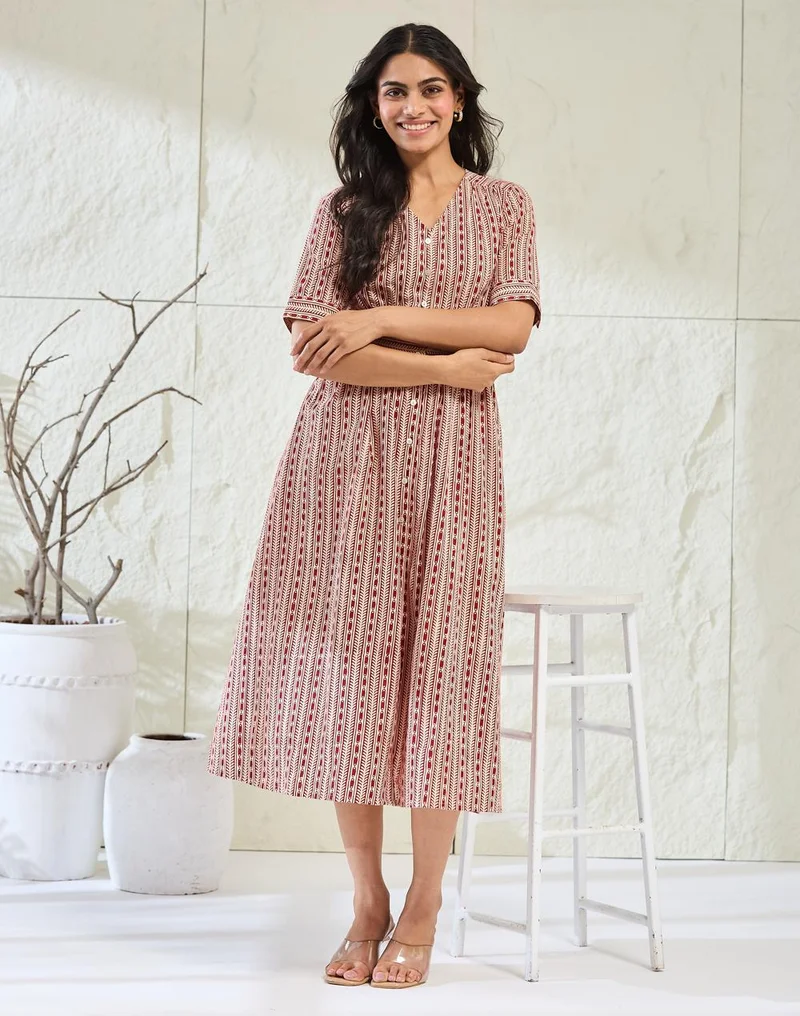 فاب انديا Red Cotton Bagh Printed Midi Dress