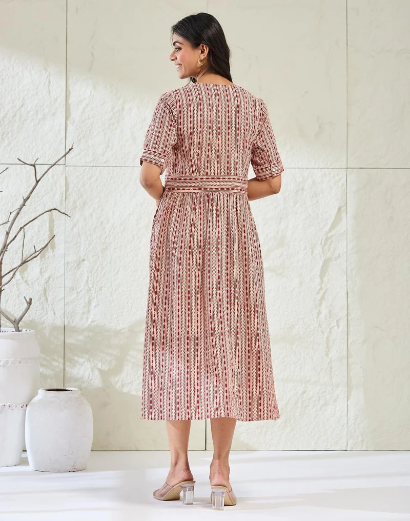 Fabindia  Red Cotton Bagh Printed Midi Dress for Women | Best Price UAE