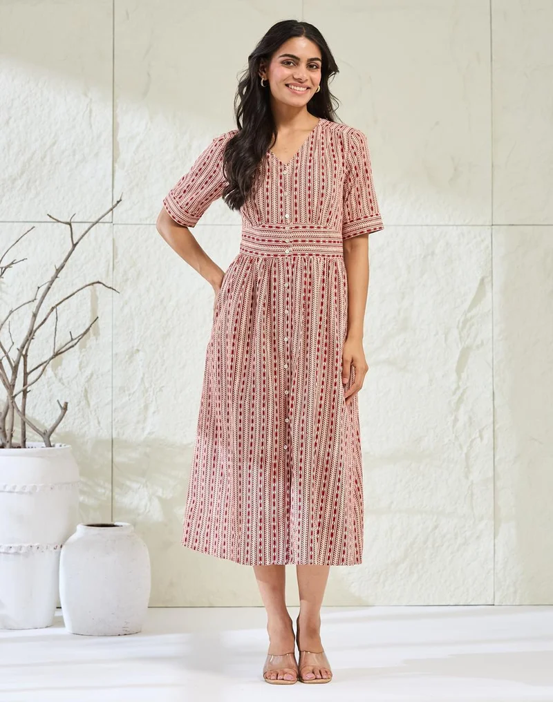 فاب انديا Red Cotton Bagh Printed Midi Dress
