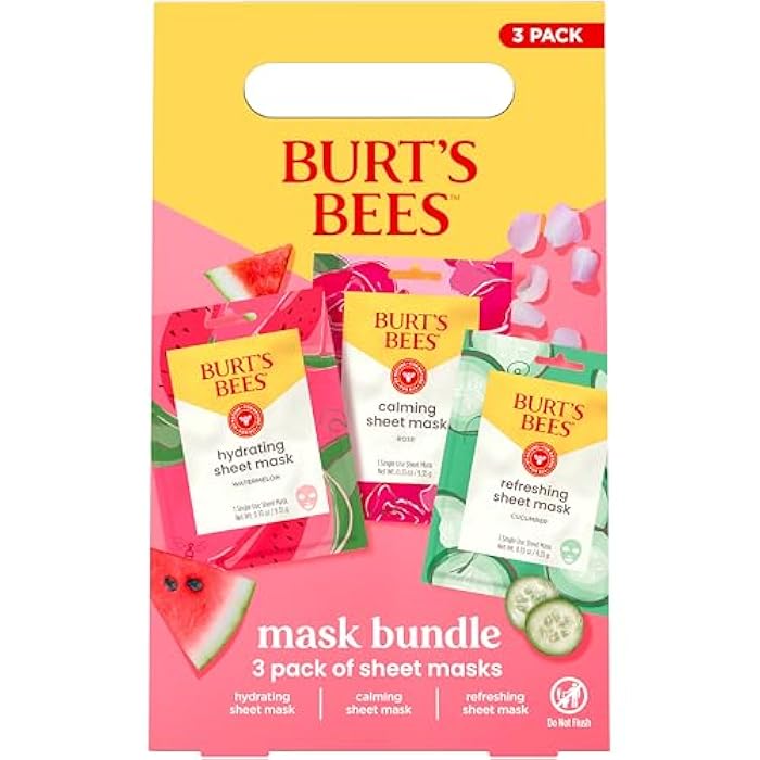 Burt's Bees Christmas Gifts - Face Mask Bundle Set, Hydrating Watermelon, Calming Rose, & Refreshing Cucumber, Face Sheet Masks for Single Use Skin Care, 99% Natural Origin, 3 Count, 0.33oz Each - Image 1