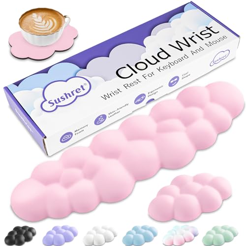 Sushret Cloud Wrist Rest Keyboard, Cloud Keyboard Wrist Pad Set with PU Leather Memory Foam, Cute Arm Rest for Palm Support, PC/Gaming Desk Accessories/Office Setup/Computer Hand Cushion - Pink - Image 1