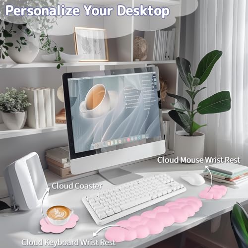 Sushret Cloud Wrist Rest Keyboard, Cloud Keyboard Wrist Pad Set with PU Leather Memory Foam, Cute Arm Rest for Palm Support, PC/Gaming Desk Accessories/Office Setup/Computer Hand Cushion - Pink - Image 2