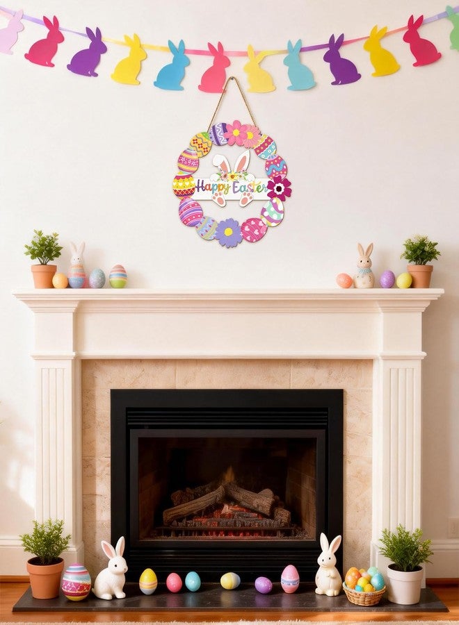 bomis Wooden Easter Wreath for Front Door - Handmade Hollow Bunny Sign with Flowers and Eggs, Spring Wall Hanging Decor for Indoor Outdoor Home, Farmhouse Party Supplies & Easter Gifts - Image 4