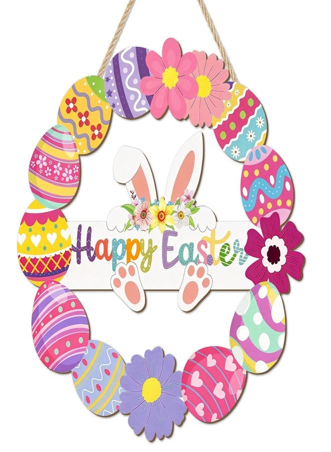 bomis Wooden Easter Wreath for Front Door - Handmade Hollow Bunny Sign with Flowers and Eggs, Spring Wall Hanging Decor for Indoor Outdoor Home, Farmhouse Party Supplies & Easter Gifts - Image 1