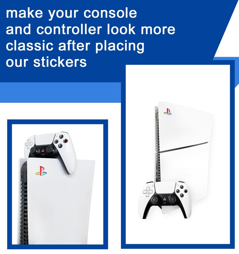 KUSTOMAZING Logo Underlay Sticker for PS5 Slim for PS5 Pro Console, 2 Packs & PS Logo Vinyl Decal Sticker for DualSense Controller (Classic Retro-Look Color) 1 Pack - Image 2