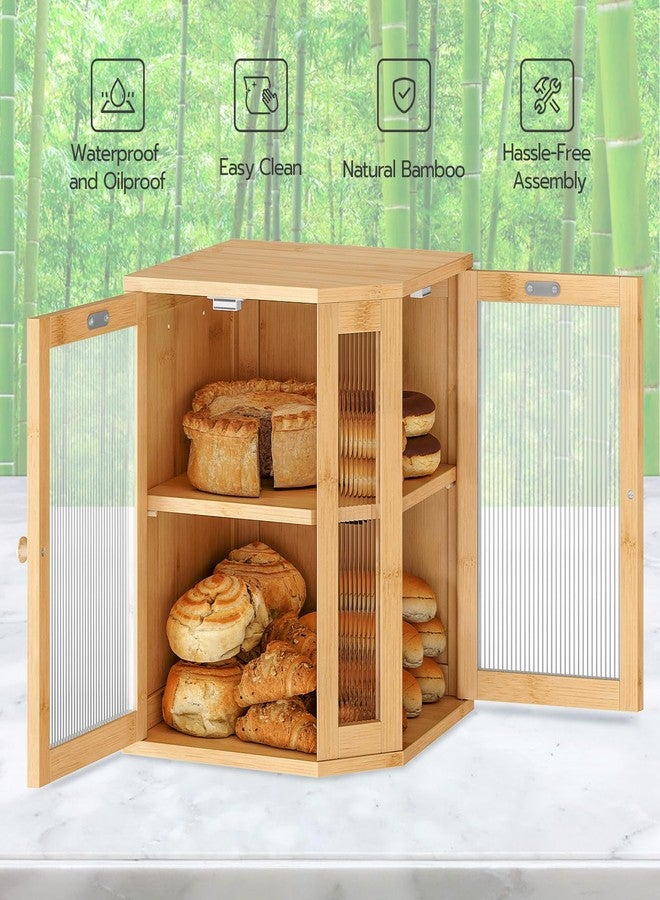 HOOBRO Bamboo Bread Box, Kitchen Countertop Corner Bread Box, Large Capacity 2-Tier Bread Box, Bread Storage Container with Dual Rippled Acrylic Doors, for Kitchen Food Storage, Natural YL12MB01 - Image 4
