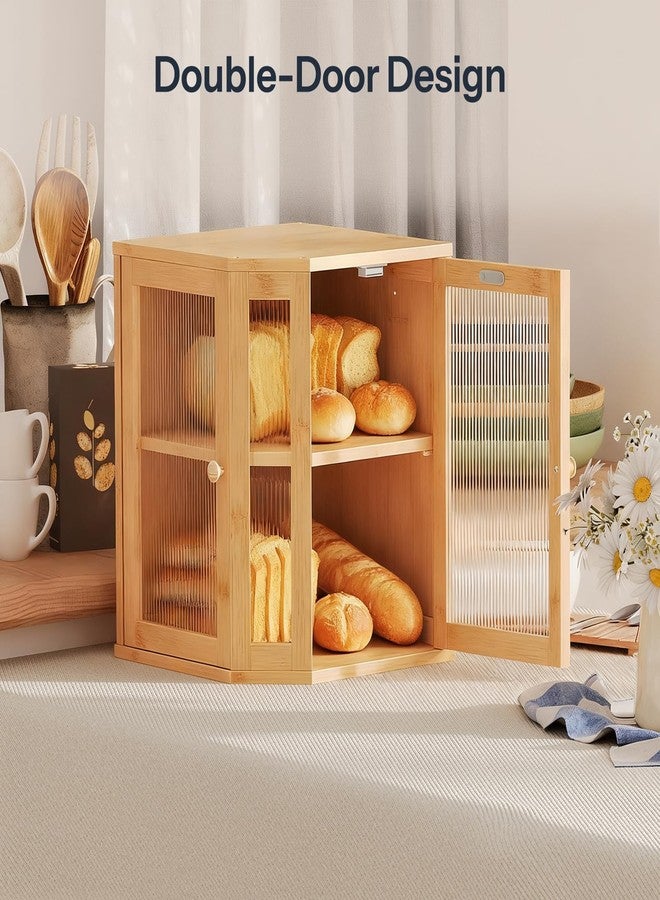 HOOBRO Bamboo Bread Box, Kitchen Countertop Corner Bread Box, Large Capacity 2-Tier Bread Box, Bread Storage Container with Dual Rippled Acrylic Doors, for Kitchen Food Storage, Natural YL12MB01 - Image 5