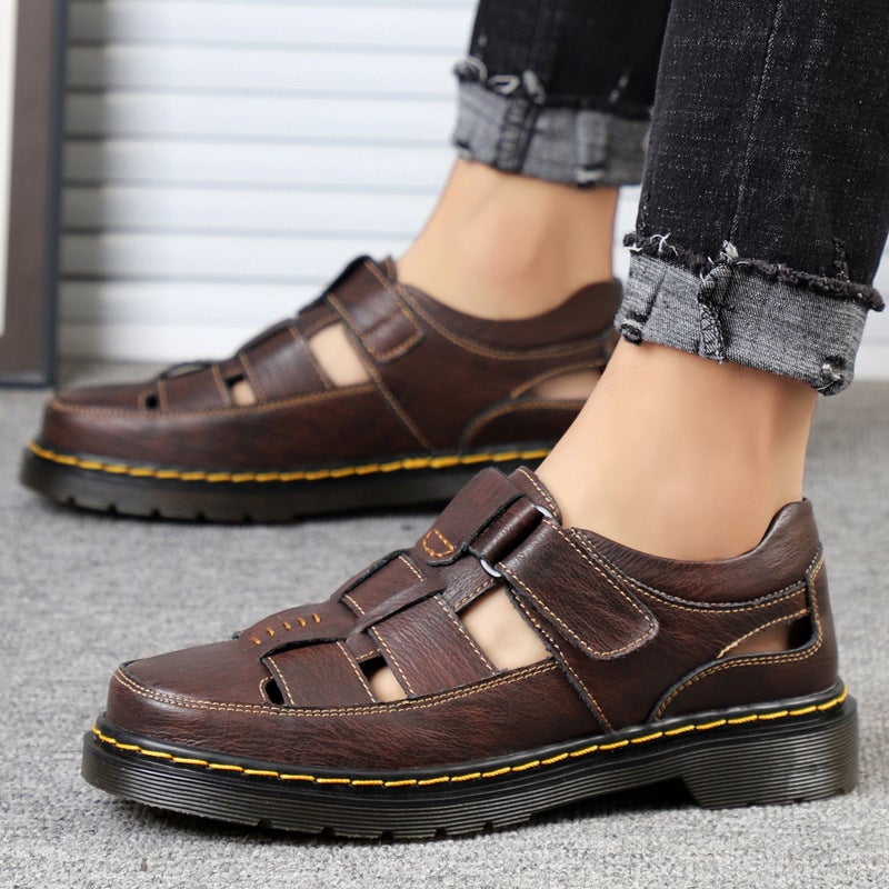 Men's Genuine Leather Casual Sandals with Toe Cap and Velcro - Image 1