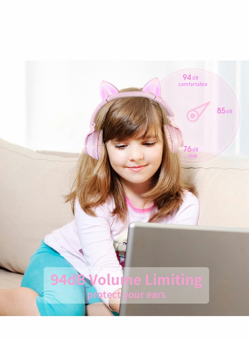Excefore Wireless Bluetooth Headphones Kids Over-Ear Cat Ear LED Light Up Foldable for Girls Toddlers  Fire Tablet/Laptop/iPad/School - Image 2