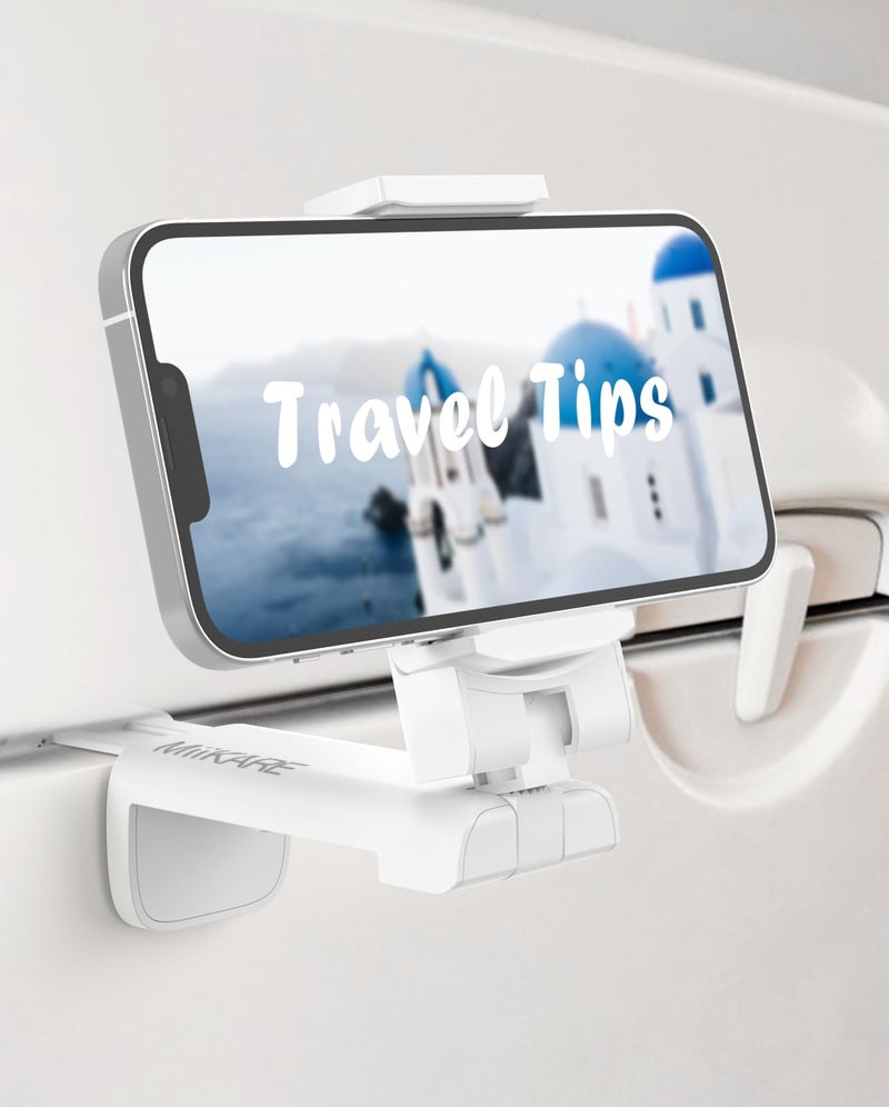 MiiKARE Travel Essentials Airplane Phone Holder, Universal Handsfree Phone Mount for Flying with 360 Degree Rotation, Travel Must Haves Phone Stand for Desk, Tray Table, White - Image 1