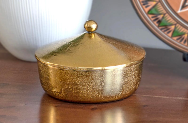 Red Co. 7â€ Dia Round Antique Decorative Textured Metal Bowl with Dome Knob Lid, Gold - Image 3
